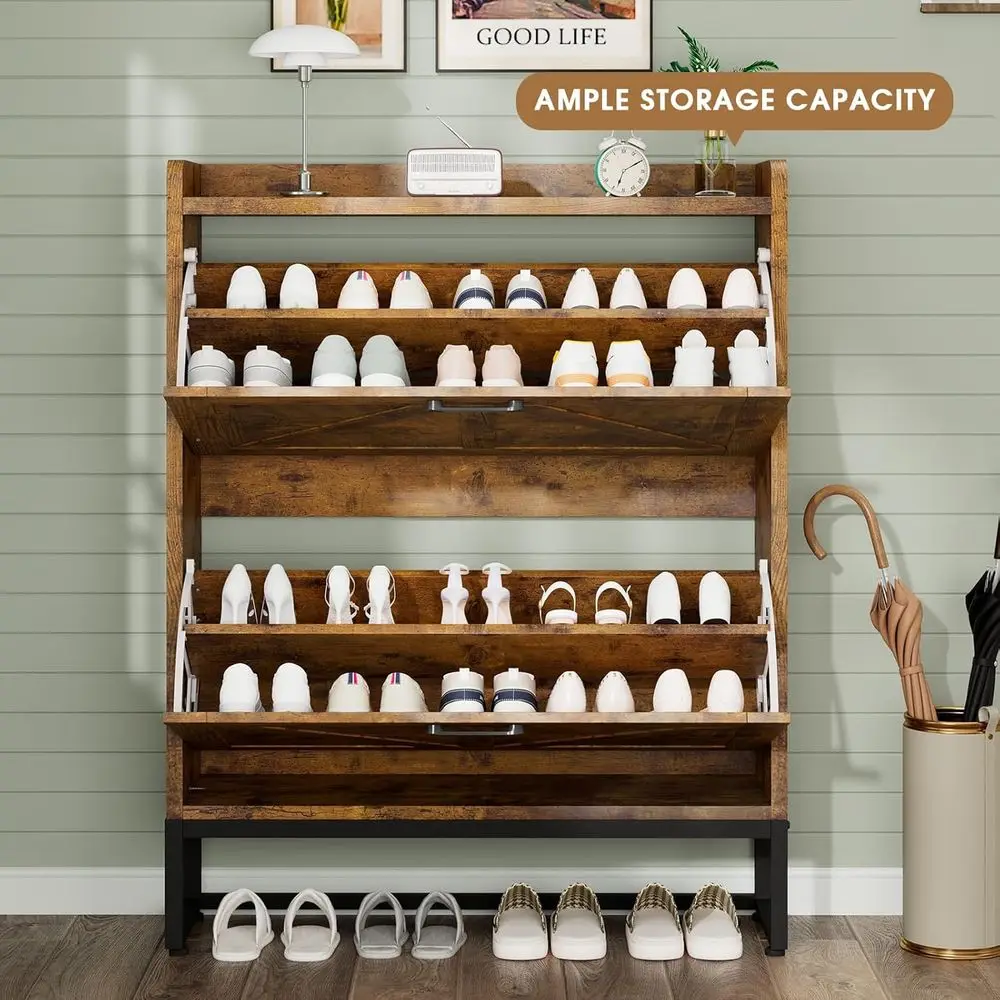 Brown Space-Saving Shoe Storage Cabinet with 2 Doors & Adjustable Shelves, Holds Over 16 Pairs, Ideal for Entryway/Hallway view 3