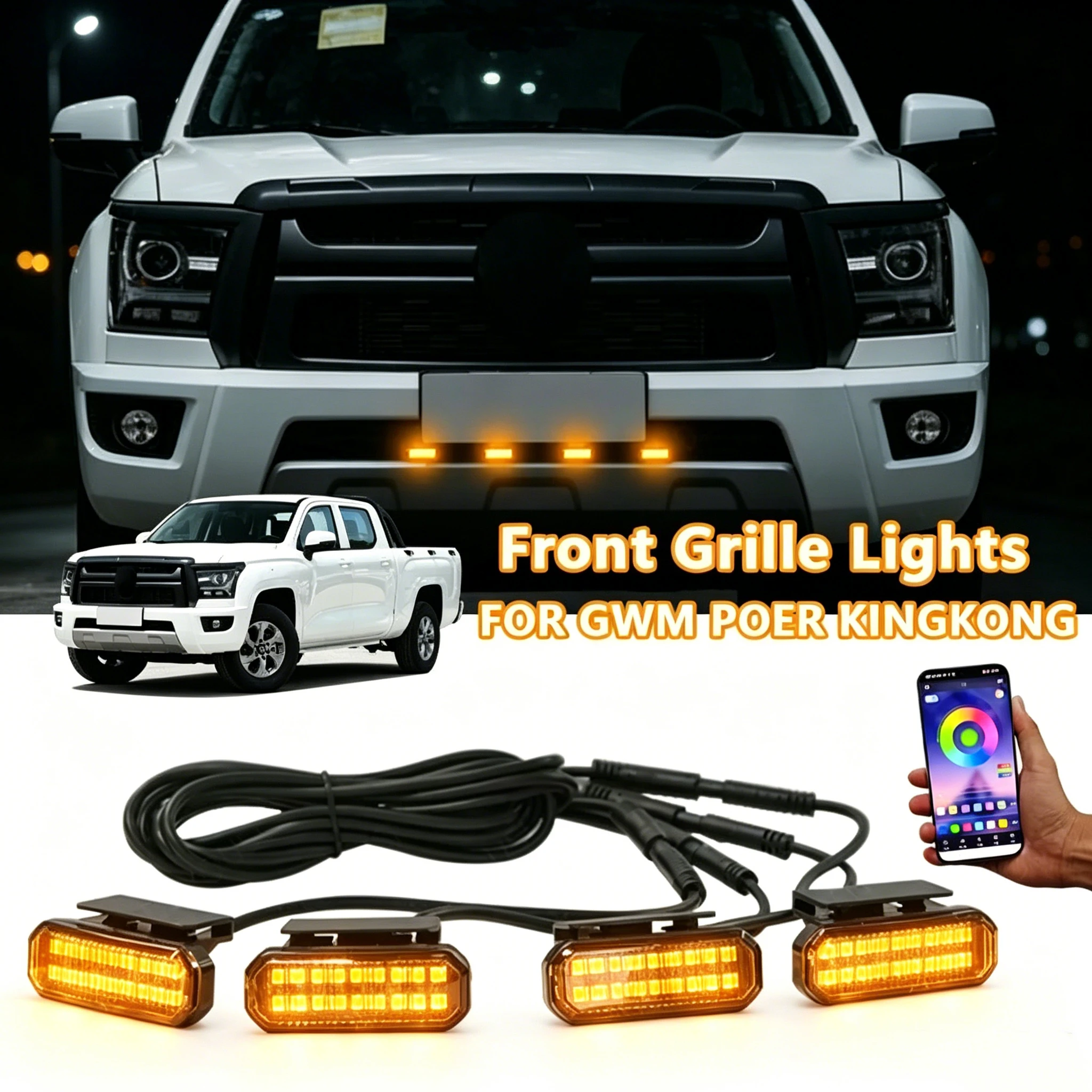 

FOR GWM POER KINGKONG APP Controlled LED Front Grille Yellow Lights Super Bright Daytime Running Lamps Specific Grill Lights