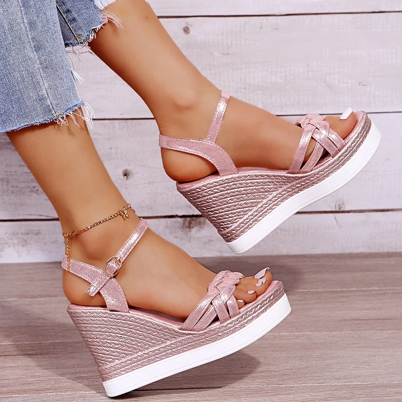 Women\'s Chunky Wedge Peep Toe Sandals 2023 Summer Fashion  Buckle Roman Style Platform Gladiator Sandals Silver Rubber Soft Sole