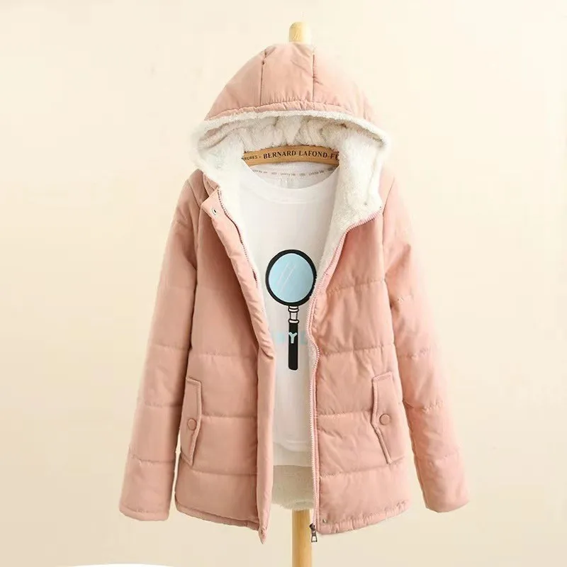 Thickened Korean Hooded Cotton Jacket with Added Fleece Women's Long Sleeved Bread Jacket Cotton Coat Jacket College Style