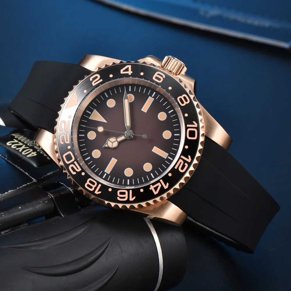 Parnsrpe 40 мм механические часы из розового золота с сапфировым стеклом NH35 часы с механизмом светящаяся дата водонепроницаемые