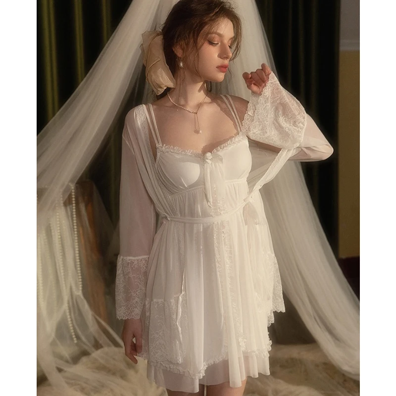 2024 Spring Summer Women Wedding Pajama Set Long Sleeve Mesh Cardigan Pajamas for Women Sexy Lace Patchwork Pajamas Set with Bra