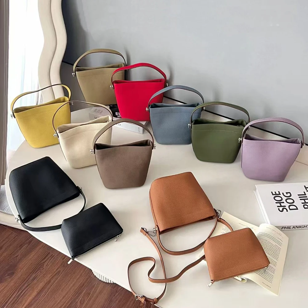 Fashion Genuine Leather Women Bucket Bag Custom Name Luxury Top Handle Crossbody Messenger Handbag With Pouch Female Small Hobo
