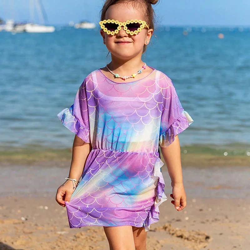 New Summer Kids Girls Fish Scales One-piece Swimsuit Bikini Cover Up Dress Ruffle Swim Dress Bathing Suit for Beach Pool Party ﻿