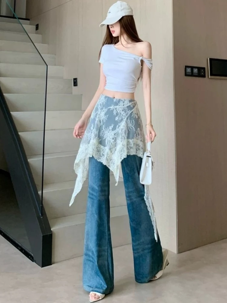 

Flare Jeans Irregular Lace Patchwork Back Flap For Women Designer High Waist Slimming Bodycon Draping Floor Length Trousers