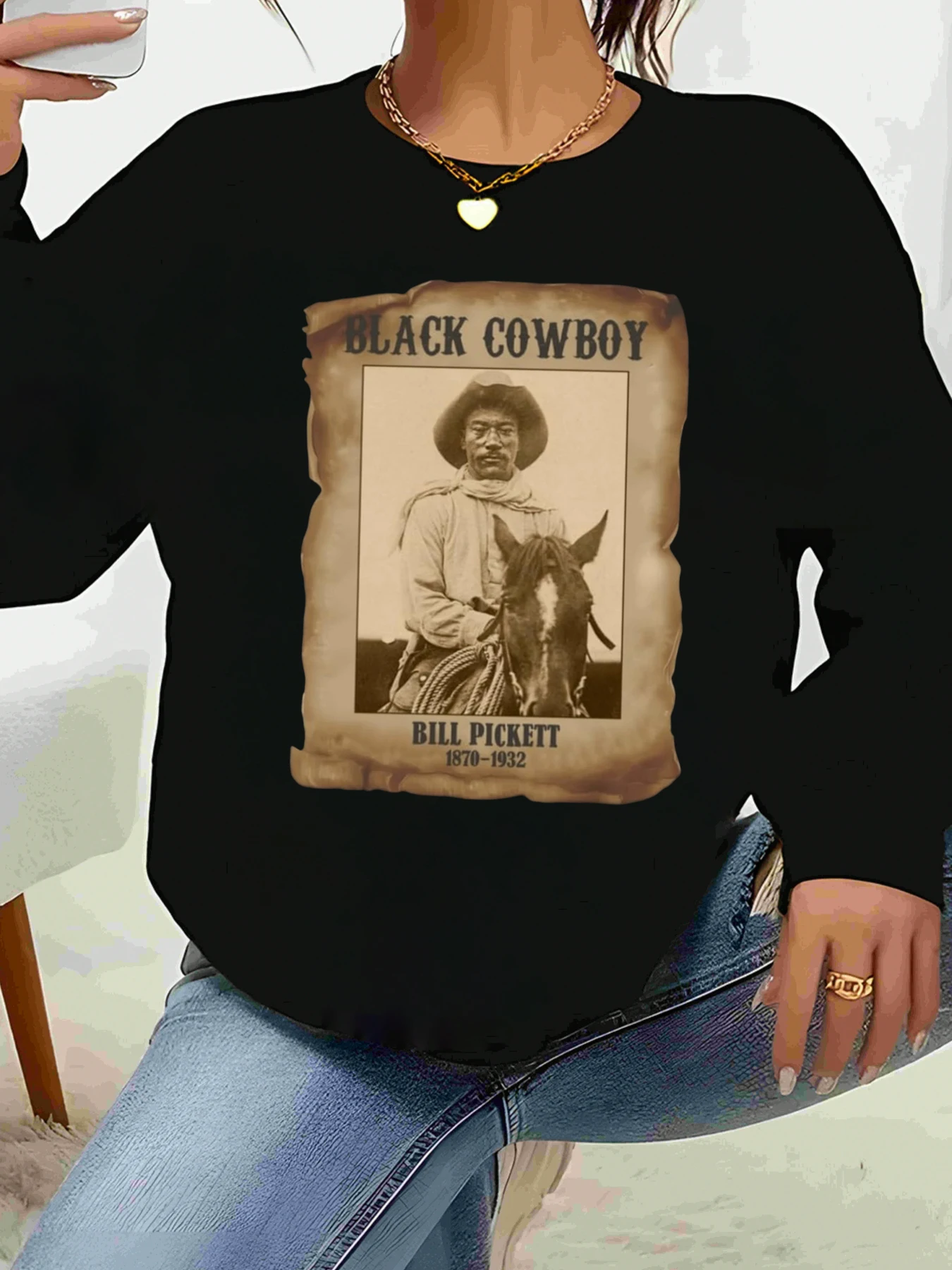 

Черная футболка с длинными рукавами и принтом Cowboy Bill Pickett 1870 1932 года, повседневная женская одежда на западной тематике