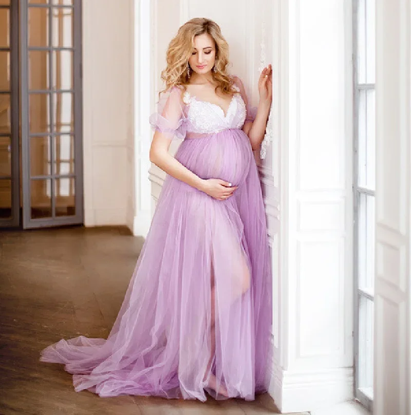 Maternity Dress Photoshoot See Through Pregnancy Dress Tulle Maternity Photoshoot Props Short Sleeve Split Maxi Dress Maternity