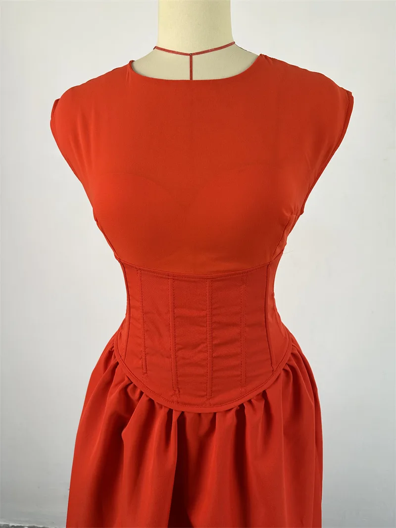 Robe trapèze à manches bouffantes et col rond pour femme, robe de soirée, robe de Rh, longueur de rinçage, pull éducatif, taille serrée, mince, décontracté, été, 2024