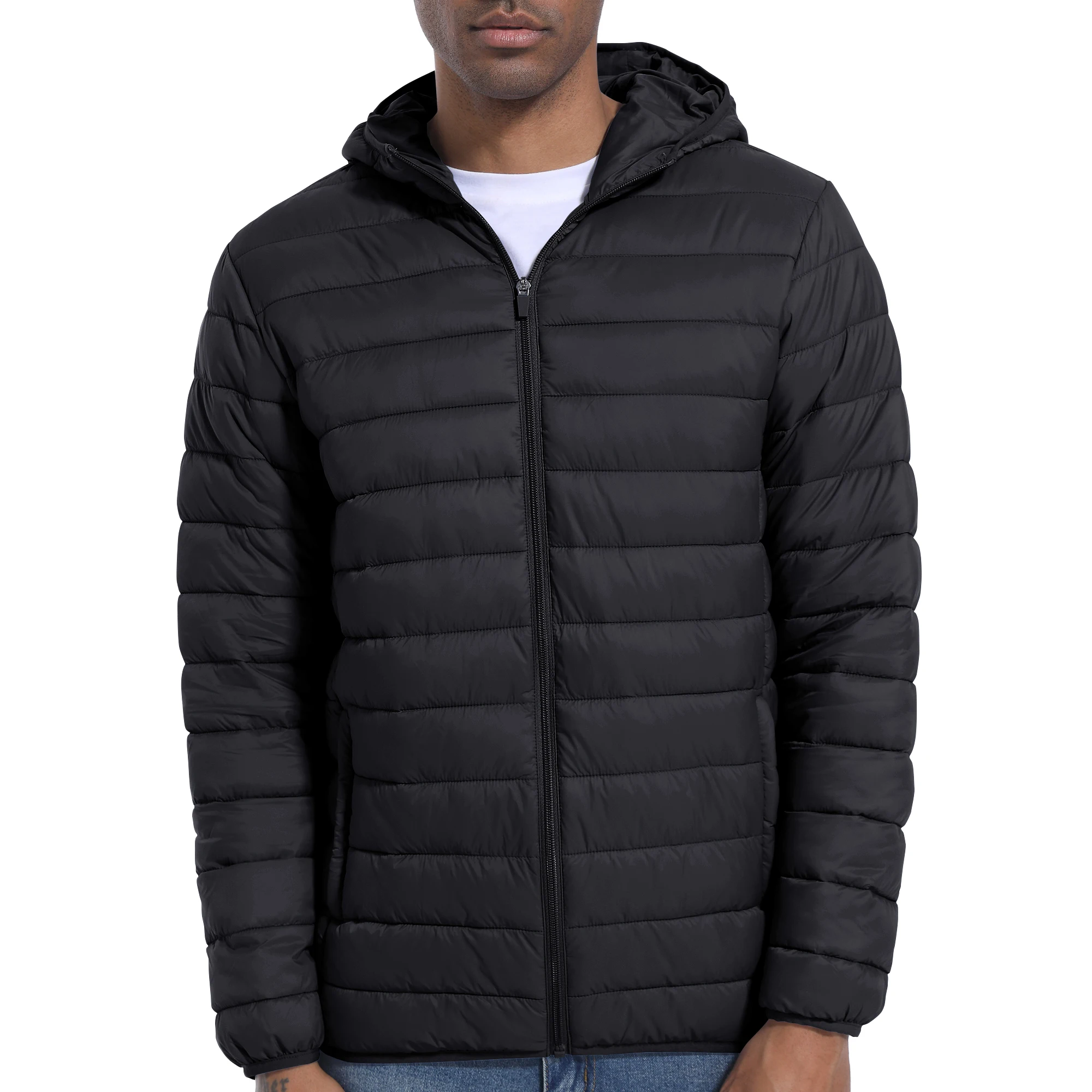 Men\'s Lightweight Jackets with Hood Full Zip Water-Resistant Casual Light cotton jacket Quilted Lined Winter Thermal Coats