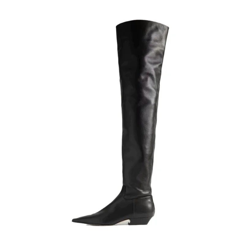 

Square Toe Low Thick Heel Knee Over Long Boots Women French Style Chelsea Boots for Autumn and Winter Oversized Lady Long Boots