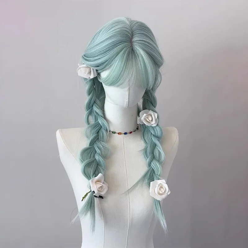 Hortelã verde peruca feminina divisão octogonal franja longo cabelo reto simulação natural peruca diária festa lolita cosplay peruca