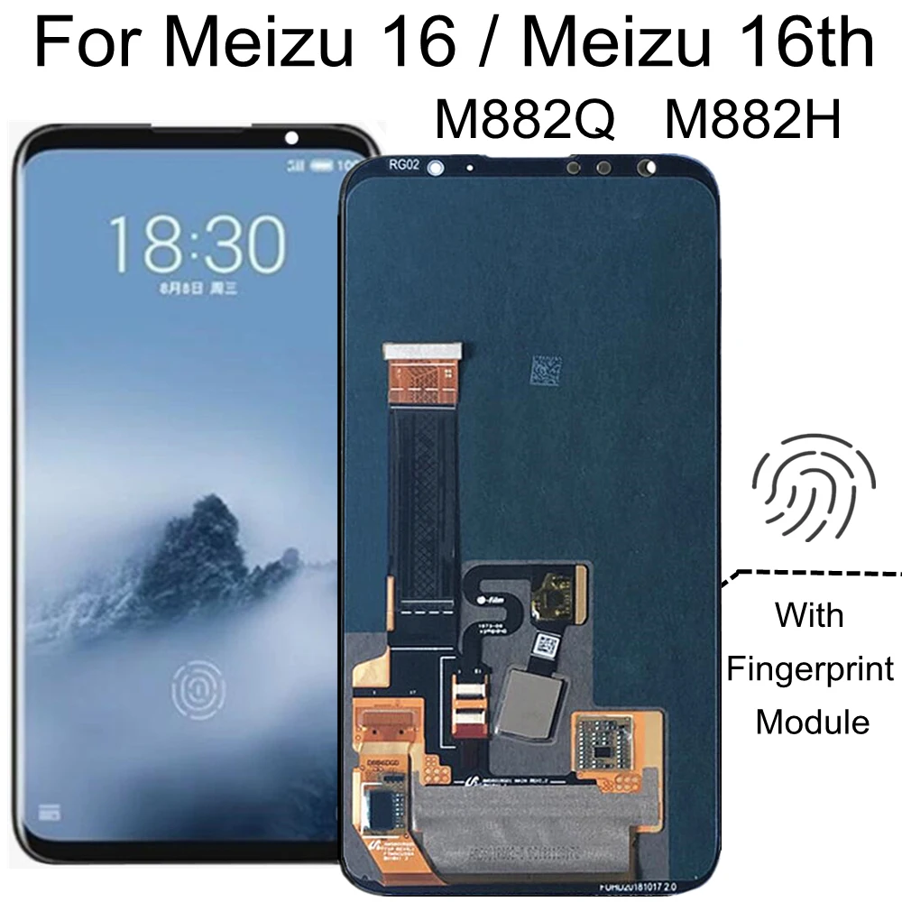 6.0  AMOLED For Meizu 16 M882H M882Q LCD Display Touch Screen With fingerprint Replacement Accessories For Meizu 16th LCD