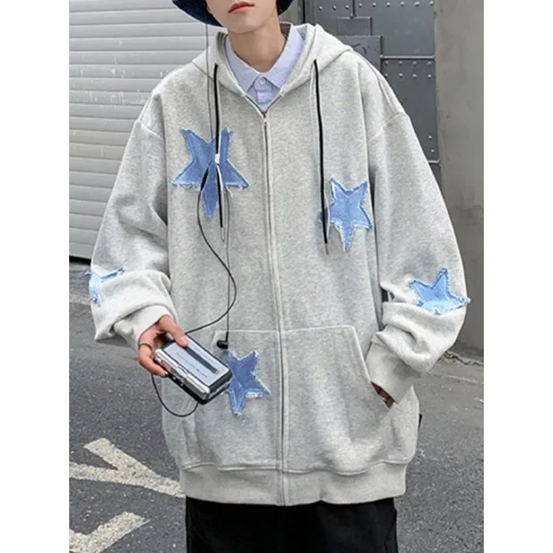 Men\'s Star Patch Zip Up Hoodie for Men Oversized Y2k Sweatshirt Jacket E-Girl 90s Pullover Streetwear