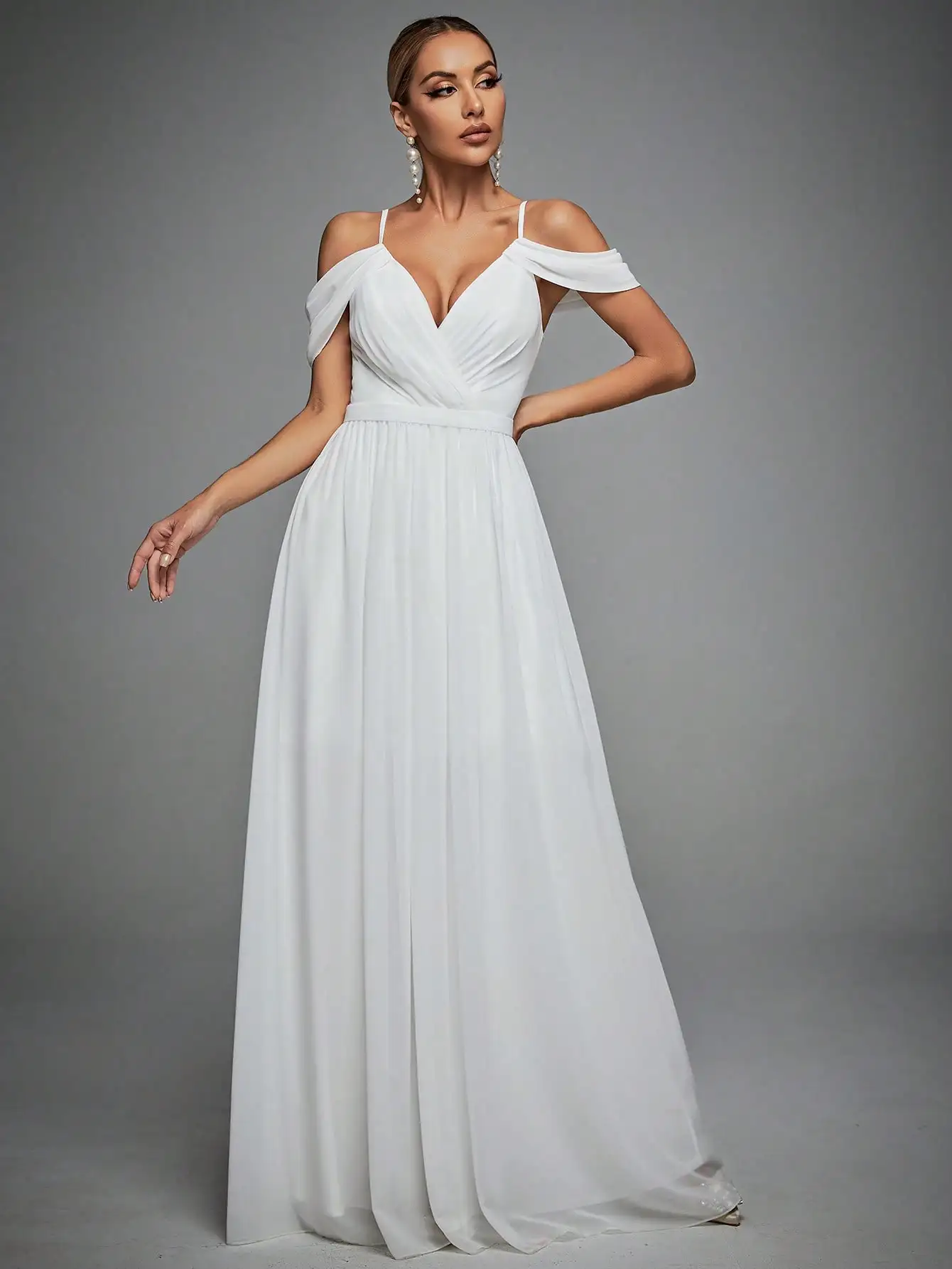 

Customize New Halter Front Activity Cross Drop Sleeves Chiffon Full Swing Wedding Dress Evening Gown Ball Dress Party