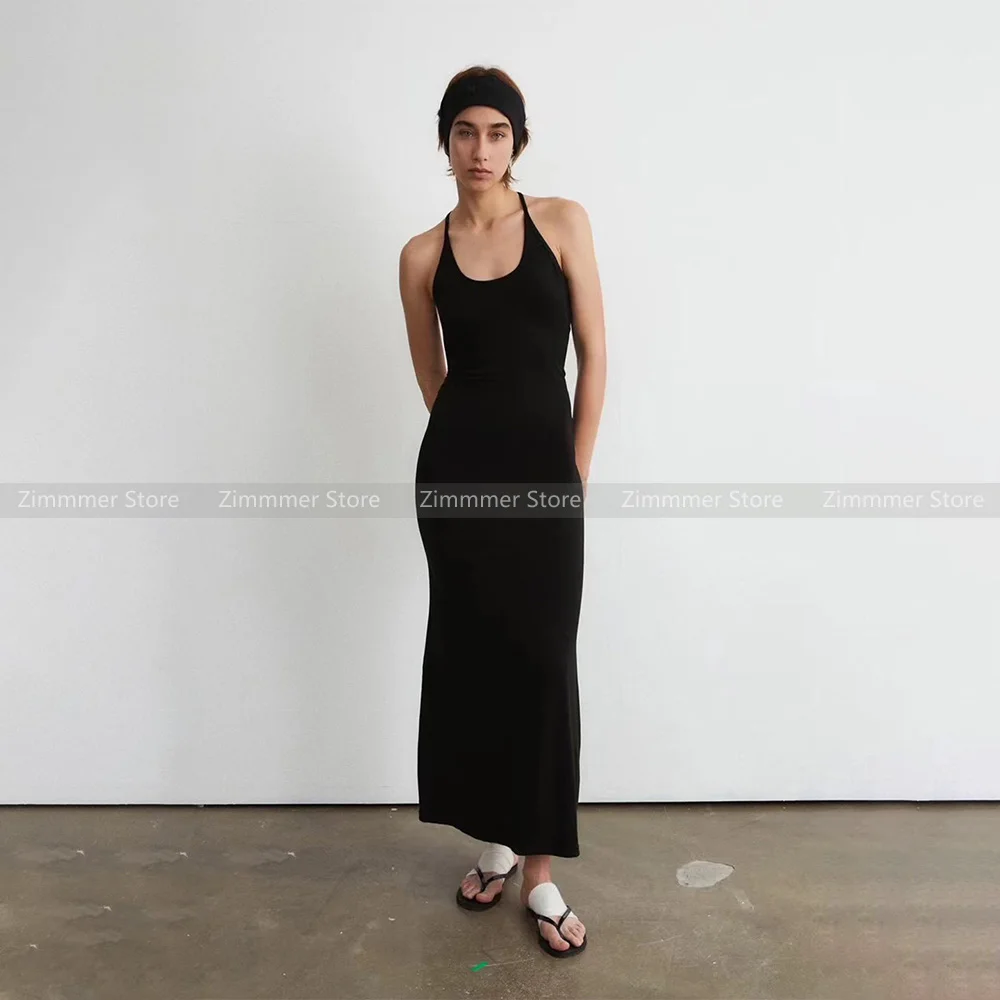 

Fashion Women's clothing 2024 early autumn new minimalist high-end black sexy halter neck backless knitted suspender dress