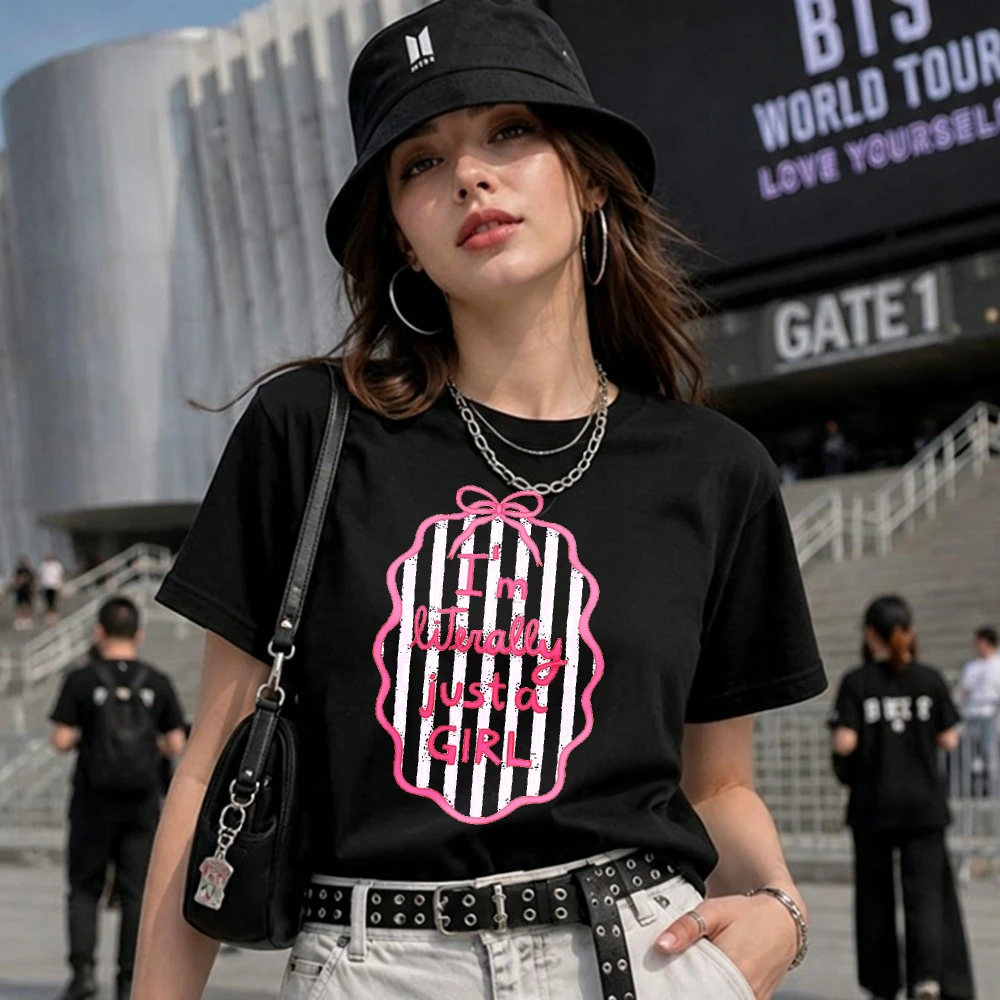 I'm Literally Just A Girl Graphic T Shirt Pink Bow Striped Text Print Short Sleeve Tee Soft Cotton Loose Fit Y2K