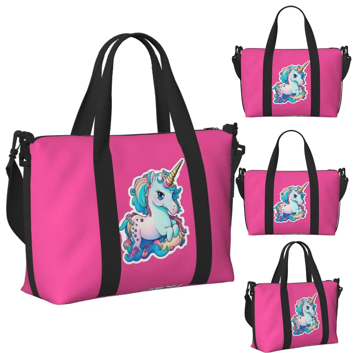 

Custom Cute Colourful Unicorn 5 Beach Travel Bag Large Capacity Tote Bags for Gym Sport Women Shopping Duffle Shoulder Bag