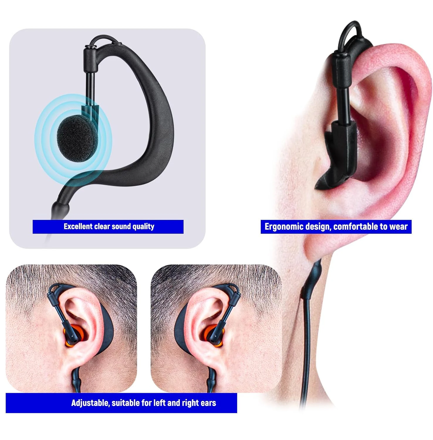 سماعة أذن YiNiTone EAP-1B على شكل حرف G مع PTT أسود، 2 دبوس لـ Kenwood TK-2107/3107 وBaoFeng UV-5R/888S