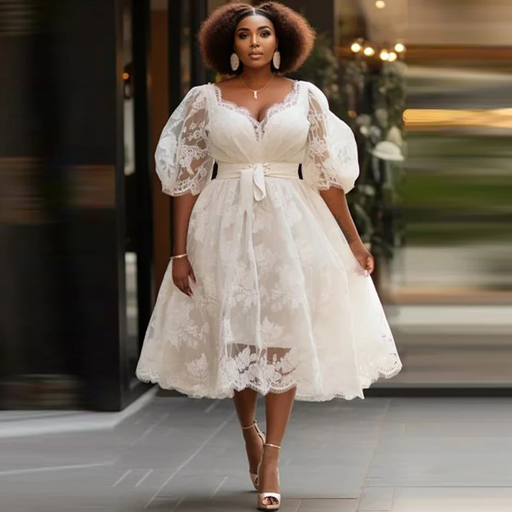 فستان رائع للحفلات الراقصة من الدانتيل برقبة على شكل V وأكمام شفافة على شكل حرف A فساتين سهرة مع شريط Sach طول الشاي للنساء فستان رسمي للحفلات