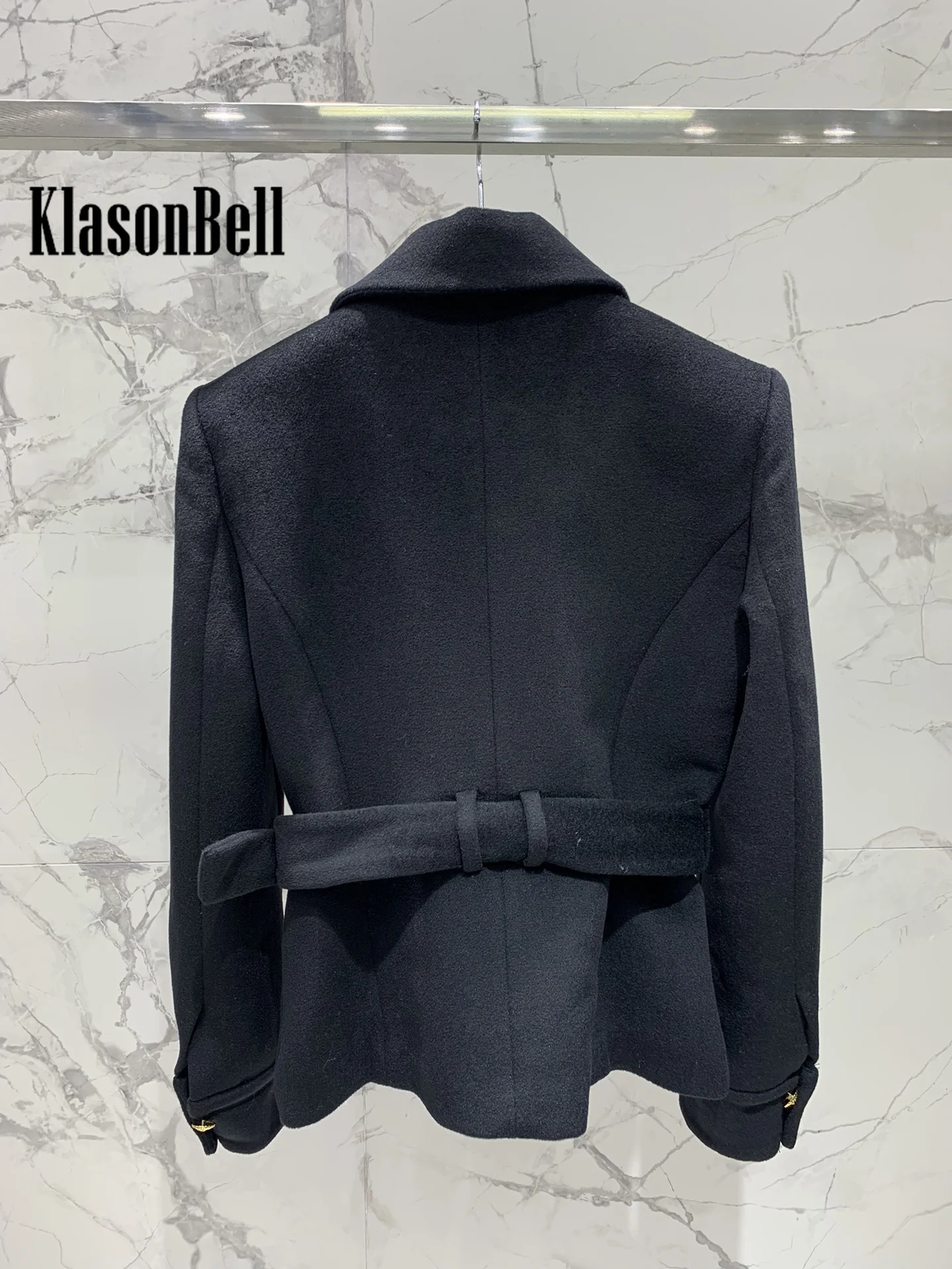 8.7 KlasonBell Women Elegant Turn-down Collar Lion Gold Button Wool Slim Coat Buckle Sashes Collect Waist Short Outerwear