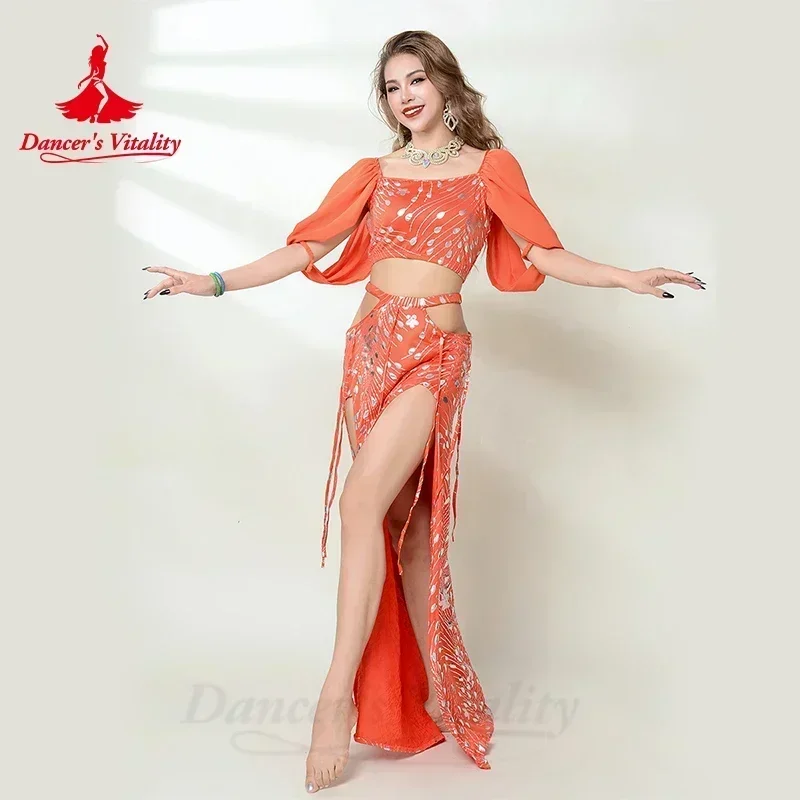 Fato de dançarina do ventre para mulheres, saia longa com mangas meia, roupas de performance, oriental, adulto, oriental, 2pcs