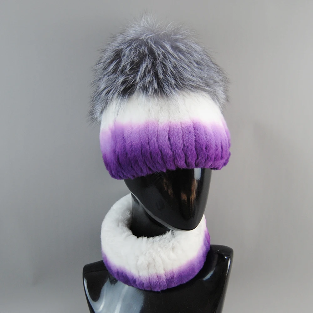 2023 Women Luxury Winter Real Silver Fox Fur Hat Scarf 2 Pieces Knitted Rex Rabbit Fur Hat Top Natural Fox Fur Cap Scarves Sets