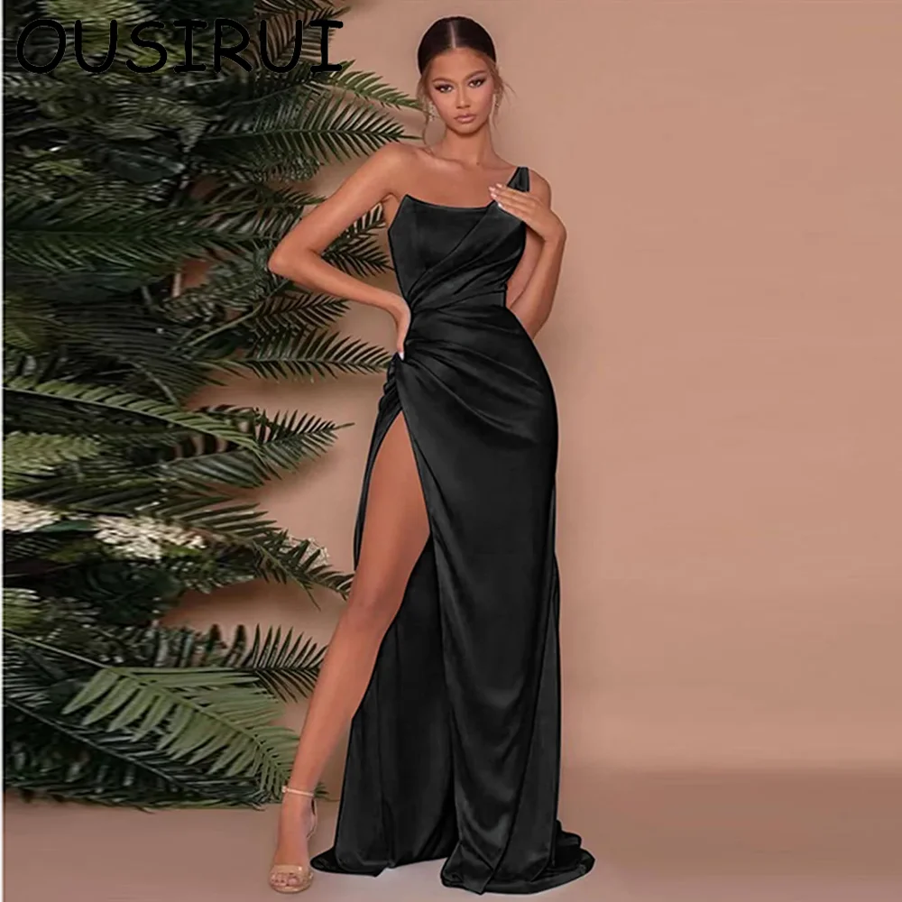 

OUSIRUI Modest One Shoulder Satin Pleated Formal Prom Dresses Sheath Court Side Split Long Evening Prom Gown vestidos de festa