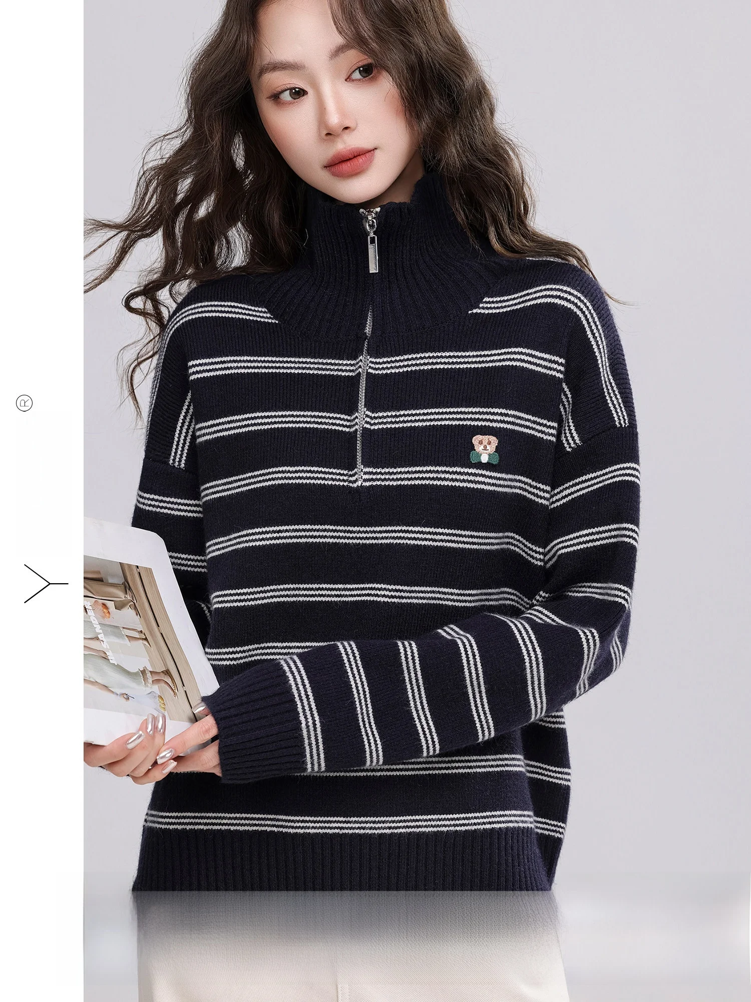

Book Letter High Collar Commuter Striped Half Zip Knit Sweater Women Winter New Style Soft Polyester Blend Long Sleeve