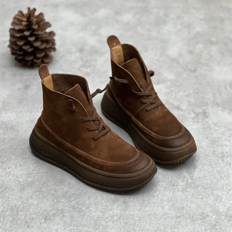 Platform Frosted Cow Leather Vintage Women Boots Leather Women\'s Shoes Thick Bottom Brown Ankle Boots Plush warm snow boots