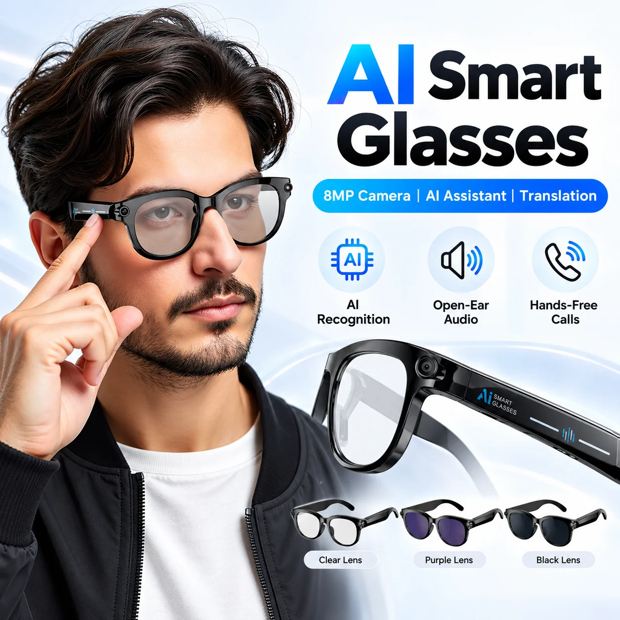 8mpカメラ、ai翻訳、画像認識、オープンイヤー音声、bluetooth通話・音楽再生機能を搭載したaiスマートグラス