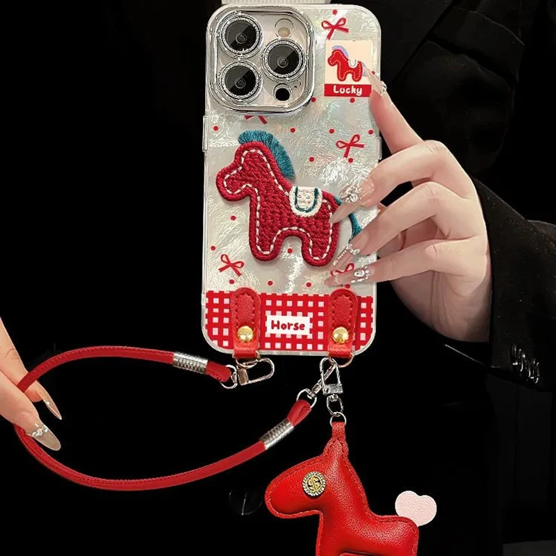 

Cartoon Horse Case for iPhone 17 16 15 Pro Max 11 12 13 14promax Case Embroidered pony New Year Phone Cases