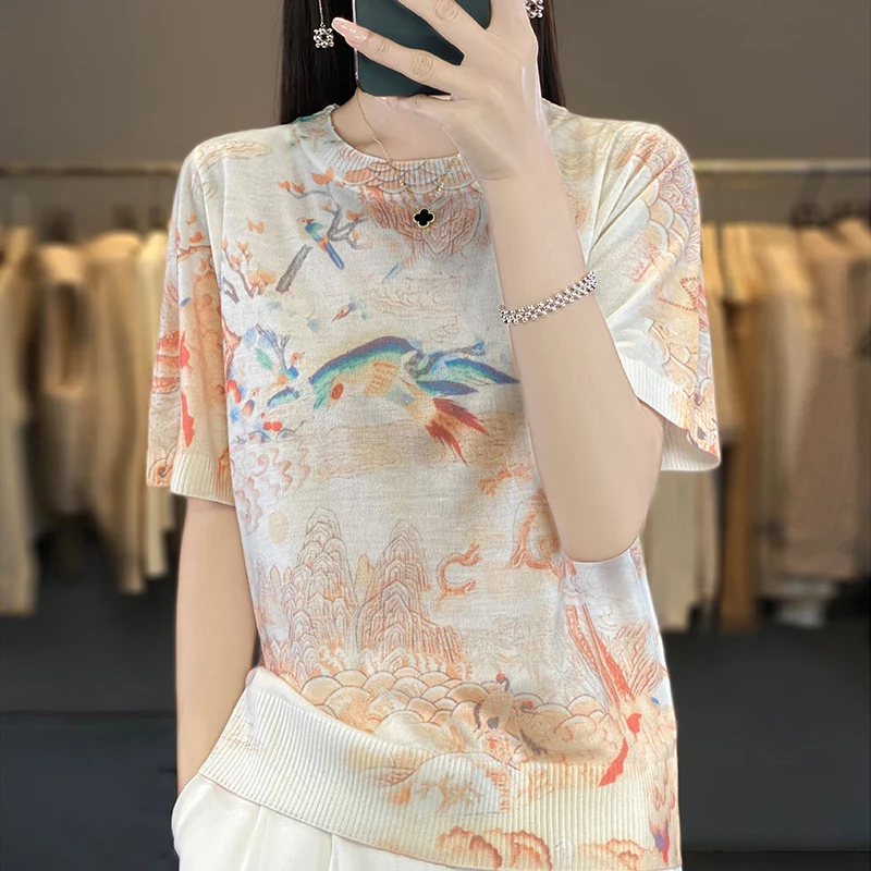 Thin Knitted Short-Sleeved Mulberry Silk T-Shirt In Summer With Women's Wool Printed Half-Sleeve Loose Ice Silk Bottoming Shirt