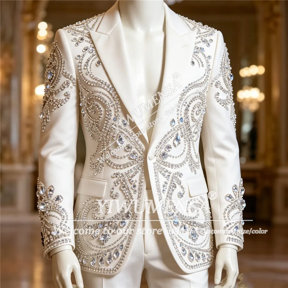 Luxury Beaded Stones Suit Men For Wedding Single Breated Jacket Pants 2 Piece Sets Groom Tuxedos Customized Man Dinner Outfits