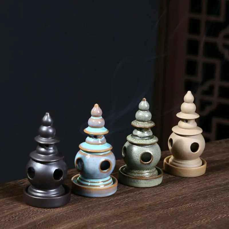 Smoking Backflow Santan Yinyue Tower Incense Holder Ceramic Aromatherapy Burner Fragrance Censer Tea Ceremony Indoor Home Decor