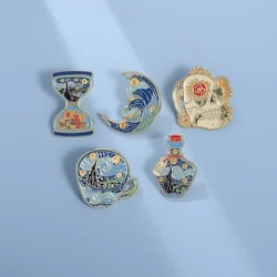 Oil Painting Brooch Enamel Pins Starry Sky Art Bottle Hourglass Waves Sunflower Brooches Lapel Hat Badge Jewelry Gift Wholesale