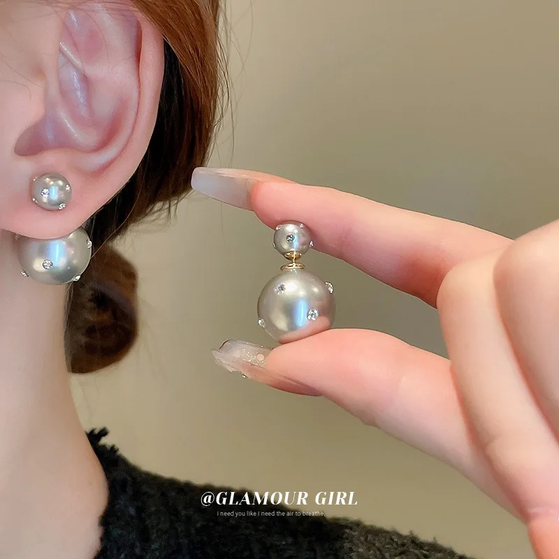 

Rhinestone Imitation Pearl Drop Earrings Korean Temperament Double-Sided Earrings Fashion Elegant Design Ear Jewelry