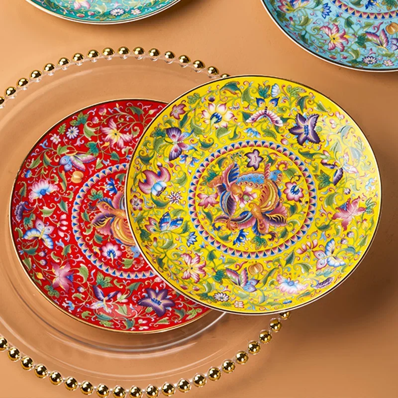 Light Luxury Enamel Colour Dinner Plates Palace Style Golden Stroke Ceramic Plate Cold Dish Dishes Hotel Tableware Plates