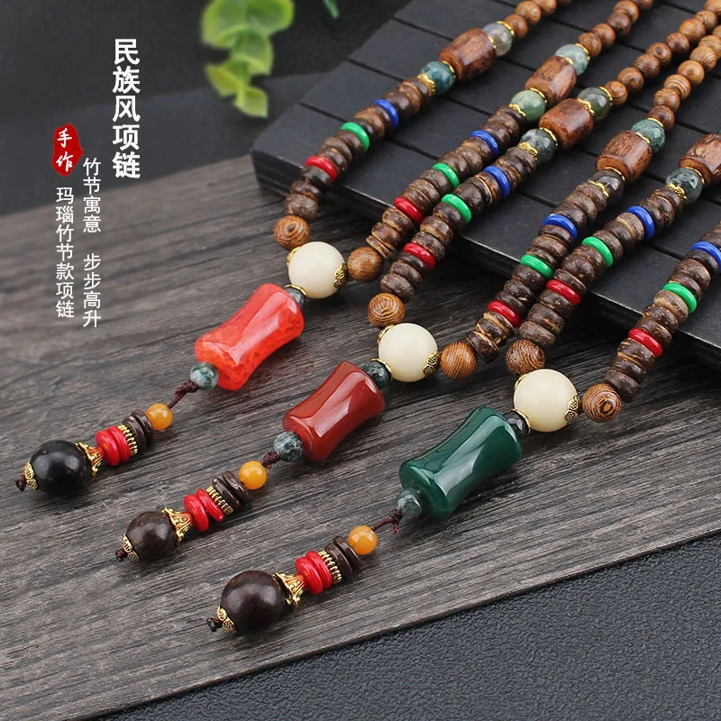 DIY accessories Ethnic style wooden chicken wing wood sweater chain long agate Buddha bead necklace women's versatile Buddhist a