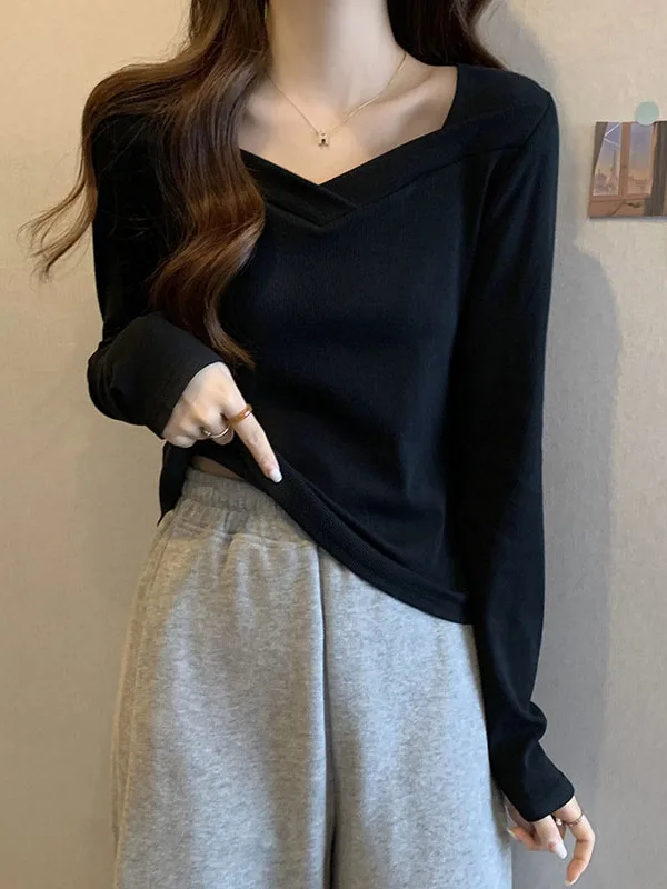 

plus Size Black V-Neck Long Sleeve Women's T-Shirt Slimming Base Shirt Autumn New Style Korean Version Cotton Commute Style