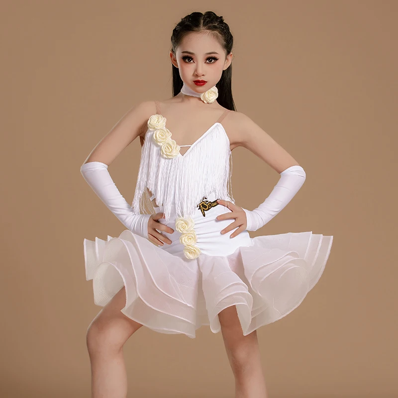 Ensemble de costume de performance à pompons pour enfants haut de gamme, costume d'entraînement pour filles de danse latine pour enfants