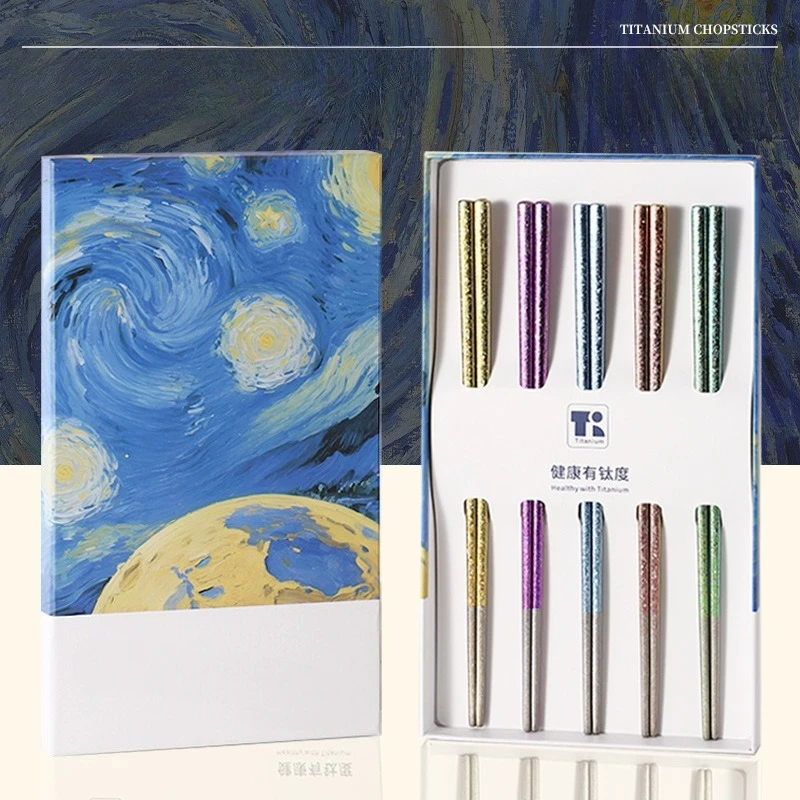 Pure Titanium Reusable Chopsticks Anti-Bacterial Mold-Proof Heat-Resistant Crystal Color Set withGift Box Durable Durable Design