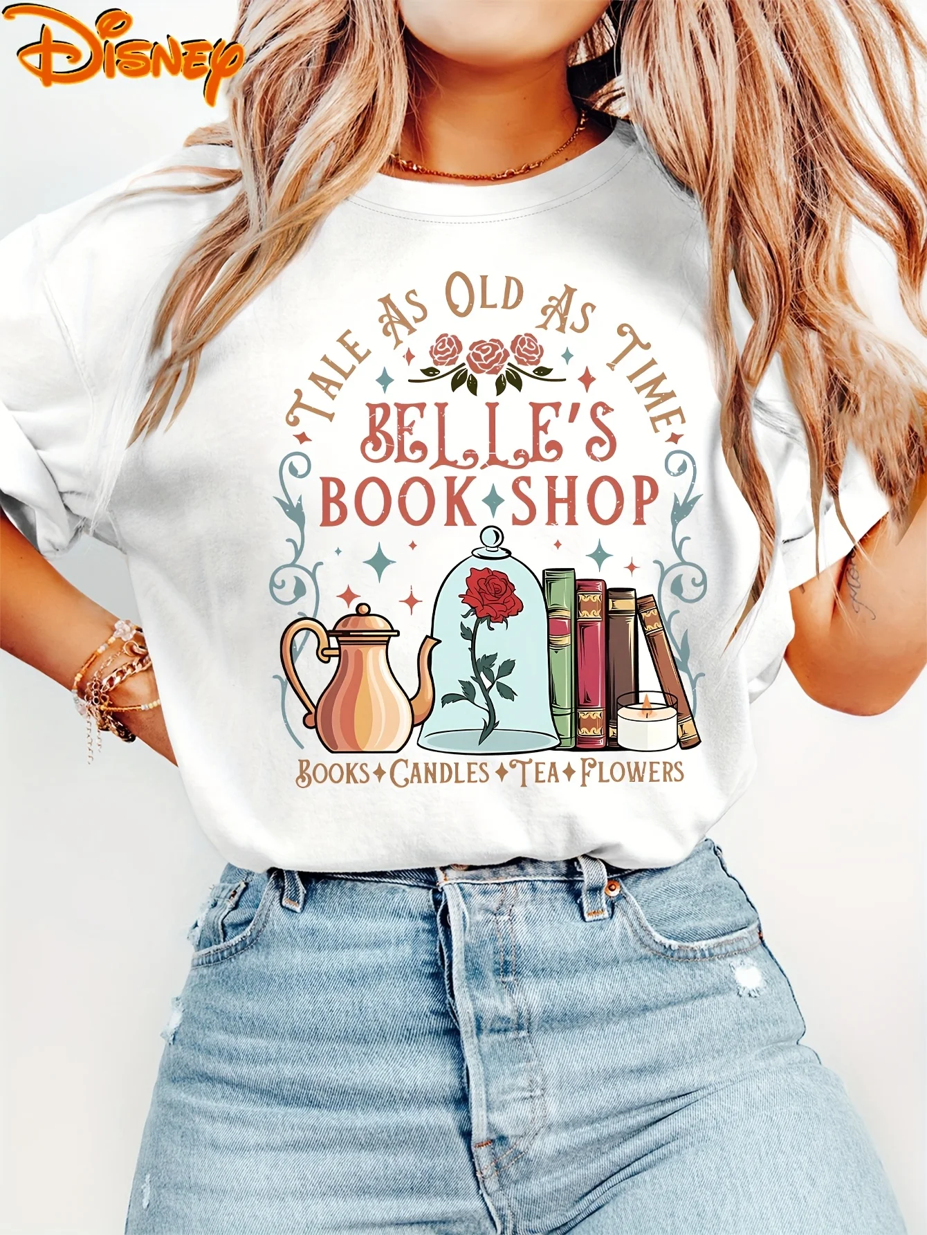 Koszulki męskie i damskie Disney Belle Bookstore - z nadrukiem i różowym szklanym zegarem, krótki rękaw, sportowe i rekreacyjne