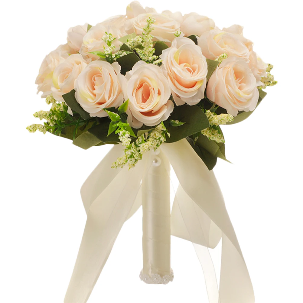 

Silk Ribbon Pearl Plastic Rose Bouquet for Wedding Bride Bridal Bridesmaid Flower Girl Supplies Elegant