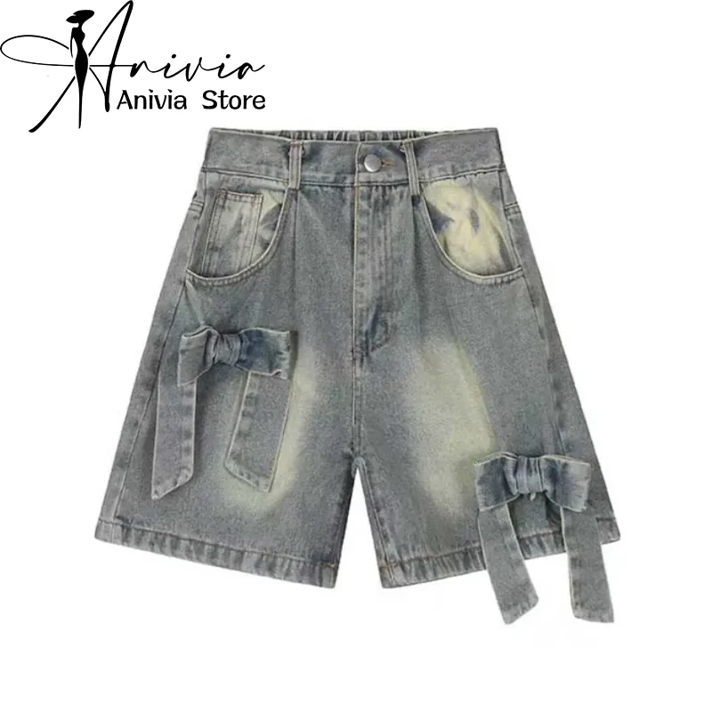 

Women Blue Denim Shorts Vintage Harajuku Hight Waist Bow Jean Shorts Y2k Aesthetic Knee Length Short Pants 2000s Clothes Summer