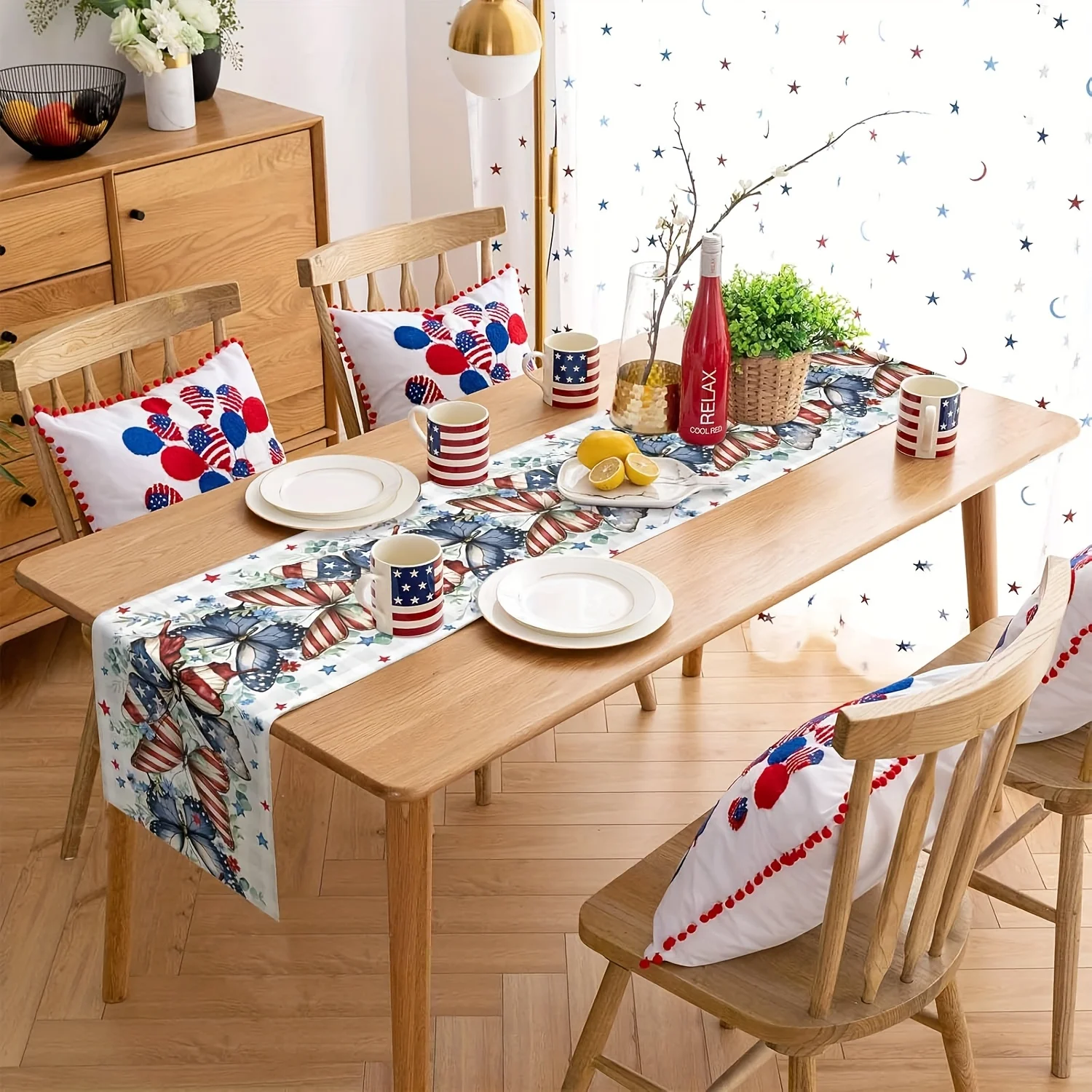 Independence Day Stars & Butterflies Table Runner - Patriotic Eucalyptus Plaid Cover for Memorial Day Party Dining Decor