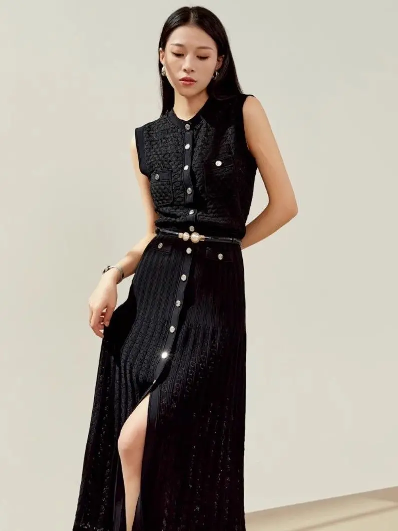 

French High-End Style Dress For Women, 2026 Summer New Round Neck Single Row Hollow Out Sleeveless Knitted Dress