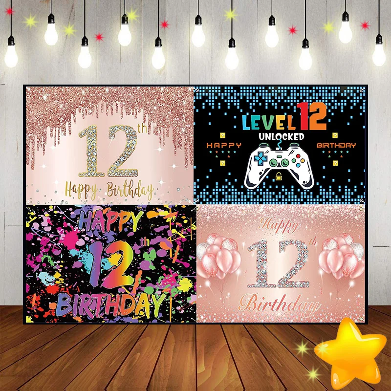 Happy 12th Birthday Background Princess Cake Stand Banner Schoolring Decoration Children Party Photo Balloon Smash Game Machine