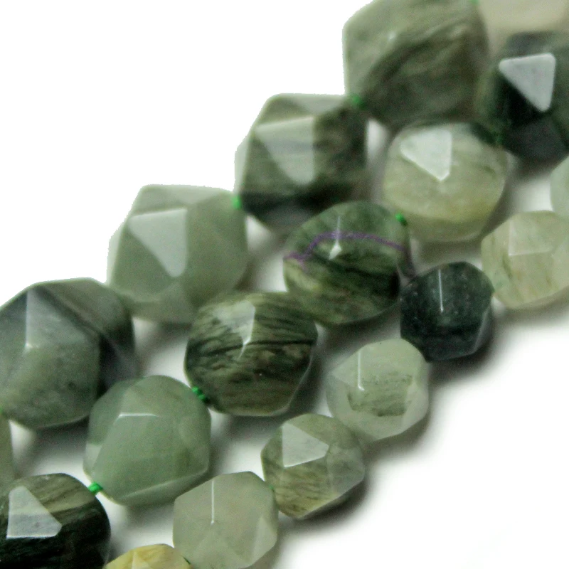 Natural Stone Big Cuts Faceted Green Grass Stone Purple Stripe Round Loose Beads 6 8 10 mm Pick Size Bracelet Necklace