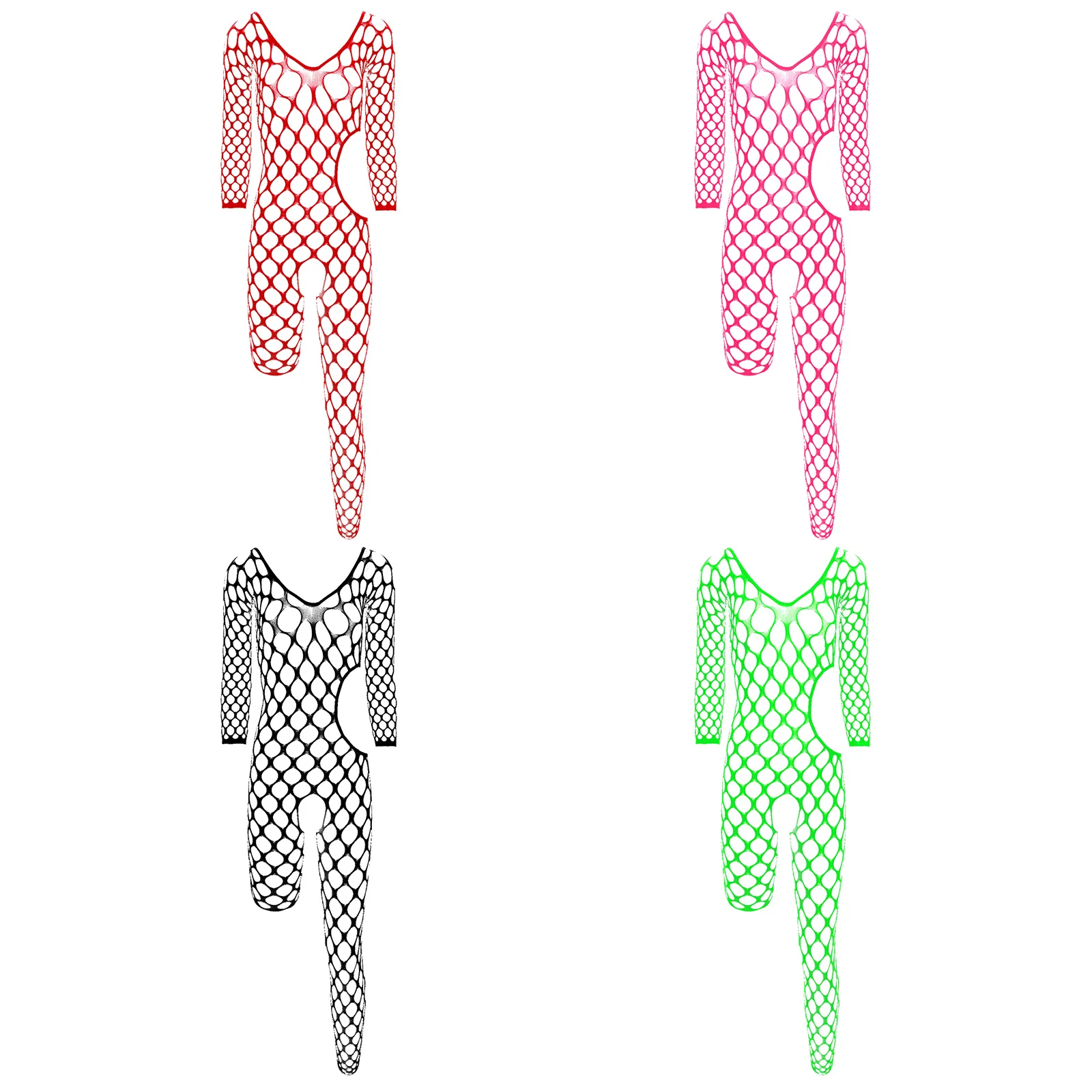 

Women Sexy Stretchy Fishnet Bodysuit Sheer Side Cut out Irregular Legs Opening Crotch Leotard Bodycon Jumpsuit Swimwear Cover Up