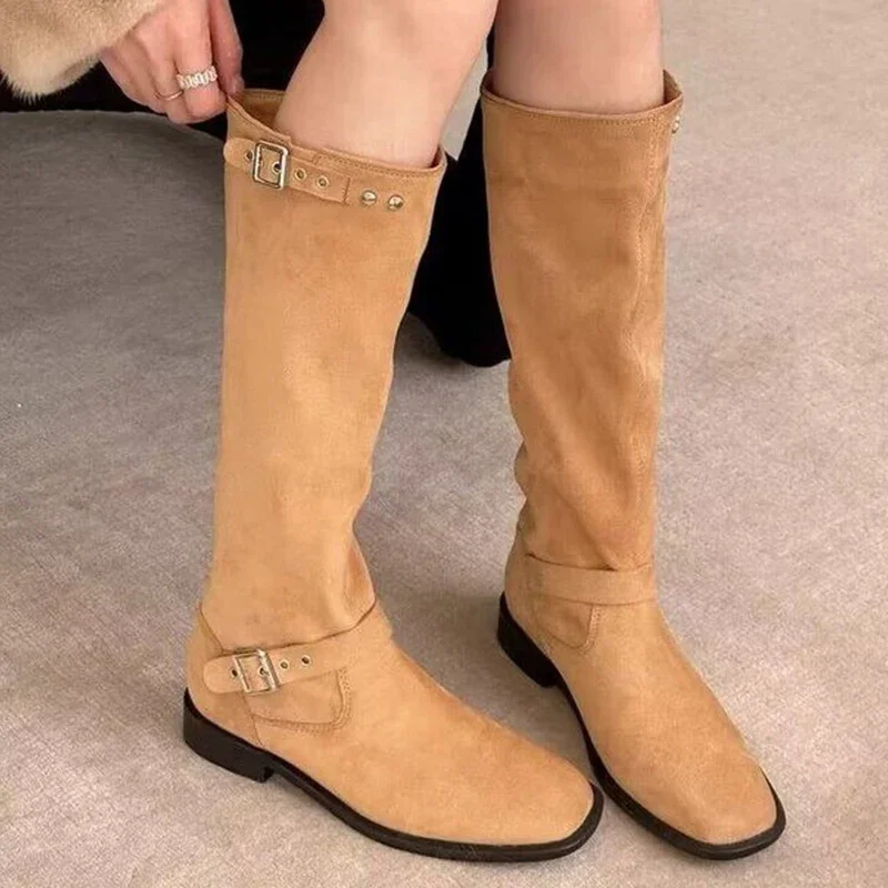 Women Suede Knee High Chelsea Boots 2023 Winter New Trend fashion Mid Heel Shoes for women Square Toe Chunky Motorcycle Botas